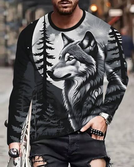 Shein LEGND Men's Casual Moon & Wolf Printed T-Shirt, M /