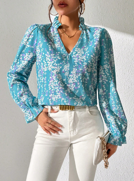 Shein Allover Print Flounce Sleeve Frill Trim Notched Neckline Blouse, XL +