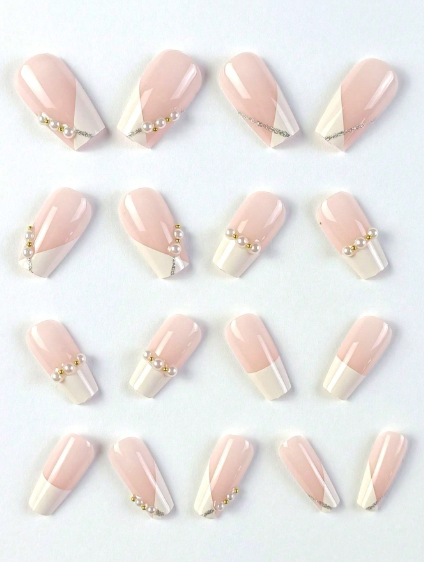 Shein French Square Nail Tips With Stylish Pearl Decoration -.