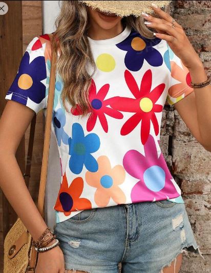 Shein Hand-Drawn Style Flower Round Neck T-Shirt, XL /