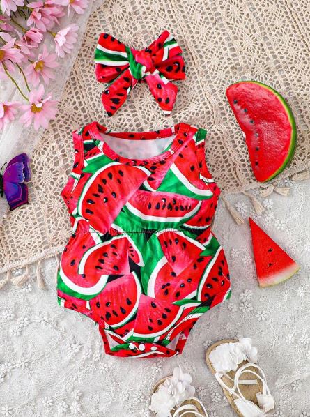 Shein Baby Girl Watermelon Printed Round Neck Sleeveless Bodysuit, 0-3M /