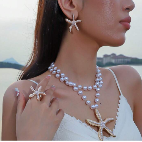 Shein 4pcs Golden Starfish Multilayer Necklace With Pearl Starfish Stud Earrings & Ring Set +
