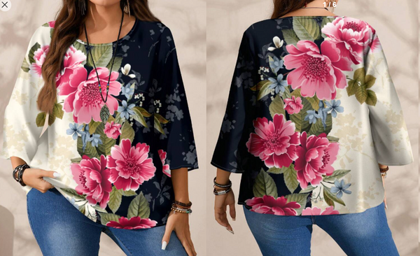Shein Plus Size Casual Minimalist All-Over Print Round Neck 3/4 Sleeve Shirt, 4XL +
