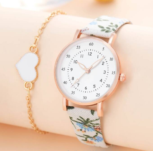 Shein 1pc Flower Strap Quartz Watch with Round Pointer Dial & One Piece Bracelet +