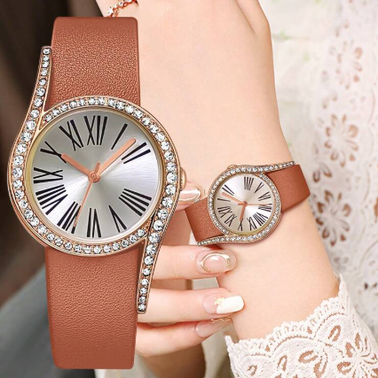Shein Ladies Roman Numerals With Inlaid Rhinestones Watch Case & Leather Strap -.