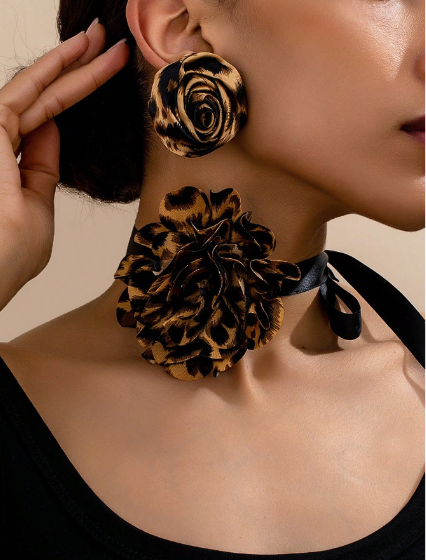 Shein 3pcs/Set Elegant & Charming Leopard Print Rose Flower Earrings Necklace Jewelry Set>