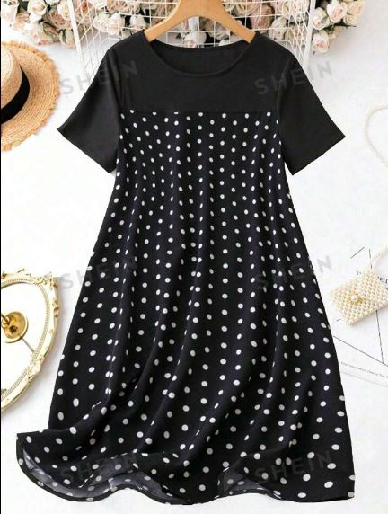 Shein Women's Dotted Short Sleeve Patchwork Round Neck Dress, XL /