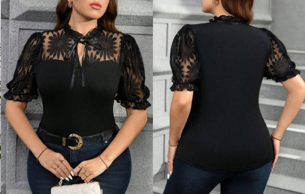 Shein Elegant Lace Patchwork Tie Neck Short Sleeve T-Shirt +