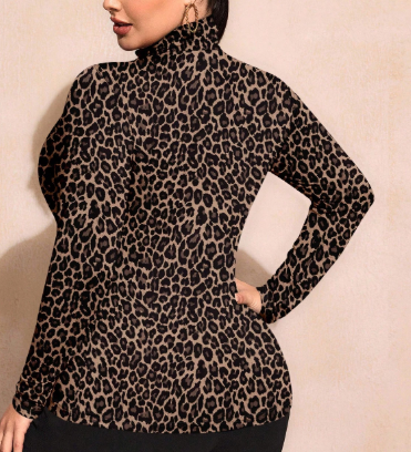 Shein Plus Size Women Leopard Print Long Sleeve Fitted Turtleneck T-Shirt, 4XL -.