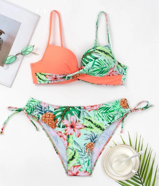 Shein Swim Tropical Print Wrap Cross Push Up Tie Side Bikini Set, XS +