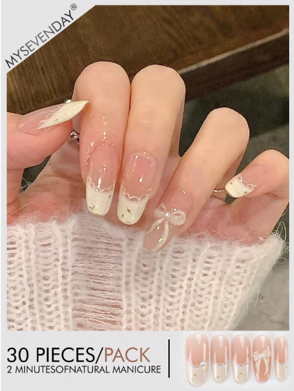 Shein 30pcs Of Medium Almond Shaped White Faux Pearl Bow Sweet & Cool Women's Nail Patches