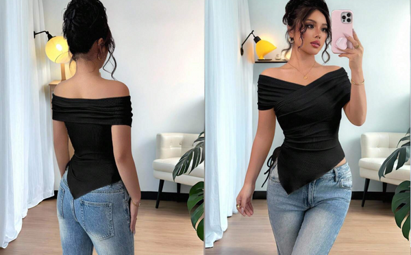 Shein Casual Commuting Slim Fit Off-Shoulder Short Sleeve T-Shirt, L +