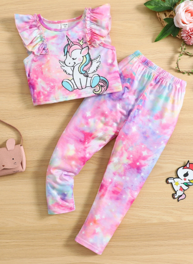 Shein Cartoon Design Set with Neutral Dye, 2-Piece Girls' Outfit, 4T +