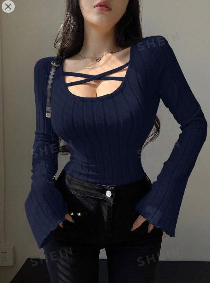 Shein Cross Detail Long Sleeve T-Shirt -.