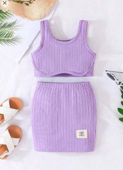 Shein Young Girl Ribbed Tank Top And Skirt Set +