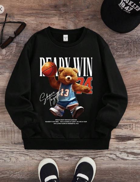 Shein Tween Boy Bear & Slogan Graphic Thermal Lined Sweatshirt, 11-12T