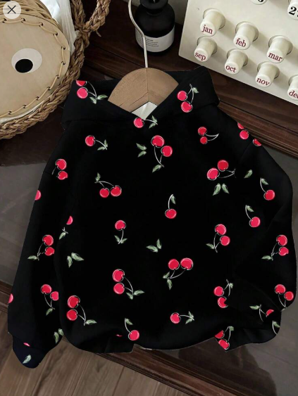 Shein Casual & Simple Cherry Pattern Black Printed Hooded Sweatshirt, XL +