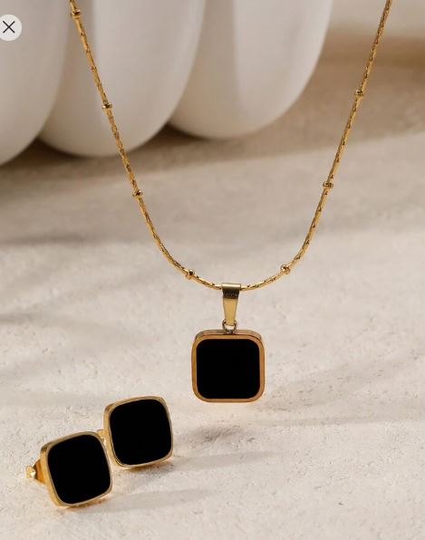 Shein Square Pendant Stainless Steel 18k Gold Plated Earring & Necklace Set /