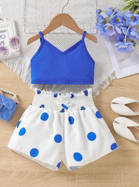 Shein Young Girl Solid Cami Top & Polka Dot Paperbag Waist Shorts +