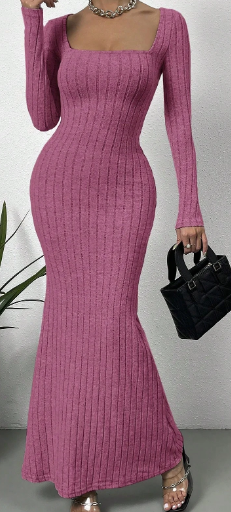 Shein Neck Low Cut Solid Color Slim-Fit Long-Sleeved Dress, 1XL +