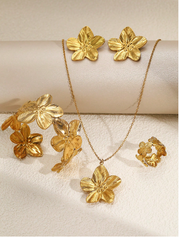 Shein 5pcs Exquisite Flower Design Stainless Steel Necklace, Earrings, Ring, Bracelet Jewelry Set>