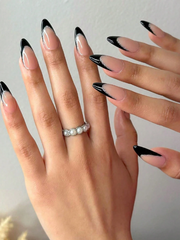Shein 24pcs Medium Long Almond Shape Black French & Glitter Cover Fake Nails Set +