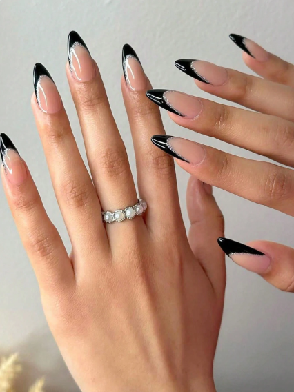 Shein 24pcs Medium Long Almond Shape Black French & Glitter Cover Fake Nails Set +
