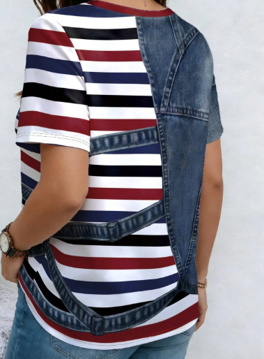 Shein Patchwork Striped Pattern V-Neck Short Sleeve Casual Plus Size T-Shirt -.