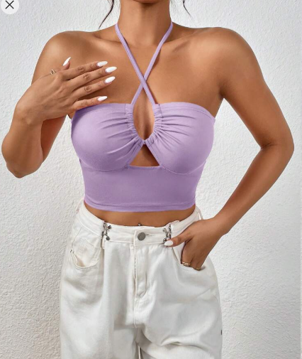 Shein Sexy Solid Color Hollow-Out Cropped Halter Neck Camisole, M +