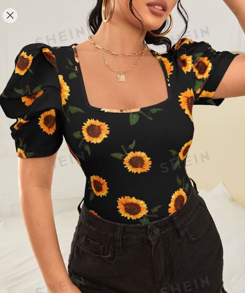 Shein Sunflower Print Puff Sleeve Blouse  +