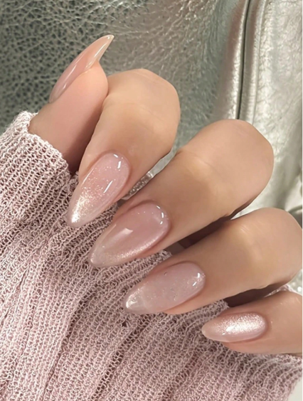 Shein 30Pcs Sheer Fresh Pink Cat Eye Design Curved Almond False Nails>