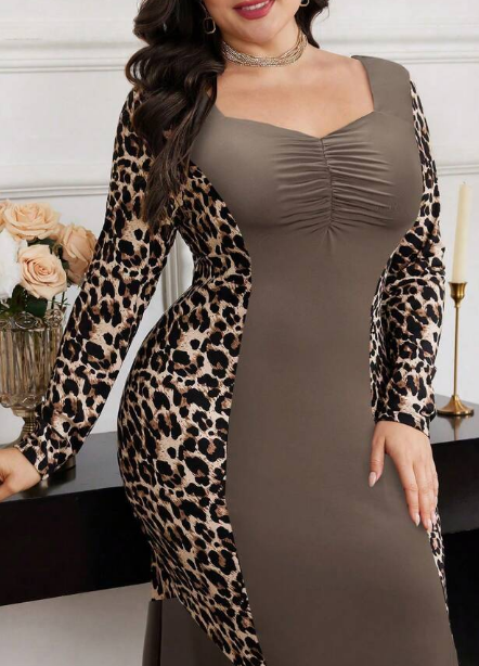 Shein Plus Size Elegant Leopard Patchwork Ruched Bust Bodycon Dress, 4XL +