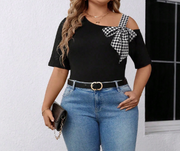 Shein Plus Size Women's Plaid Bow Neck Asymmetric Shoulder T-Shirt, 3XL -.