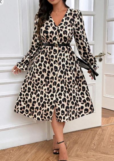 Shein Frenchy Plus Size Casual Leopard Print Cinched Waist Open Front Dress, 3XL +