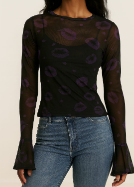 Shein Women Purple Kiss Print Round Neck Sheer Mesh Tee, 0XL +