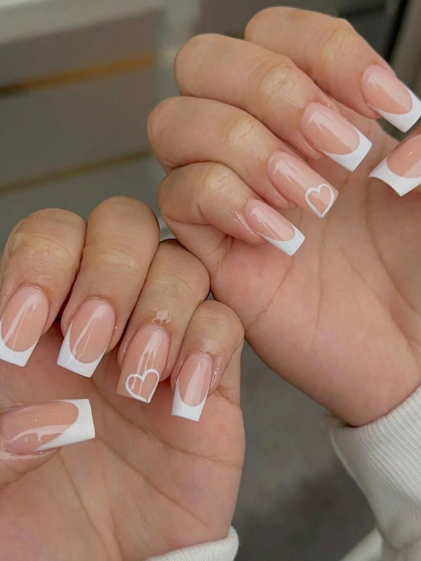 Shein 24Pcs Long Square False Nails Full Cover With White Heart Shape +