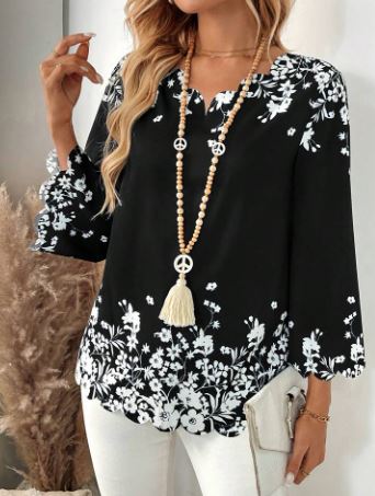 Shein Women Floral Print V-Neck 3/4 Sleeve Loose Blouse, XL +