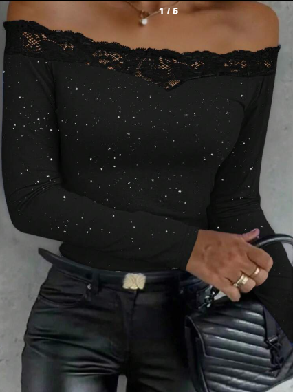 Shein Romantic One-Shoulder Long Sleeve Top With Lace Patchwork & Glitter -.
