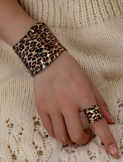 Shein Animal Leopard Print Cuff Bangle Chunky Ring Bracelet Set >