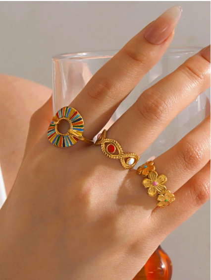 Shein 3pcs/Set Stainless Steel Minimalist Colorful Enamel Round Floral Open Ring Set>