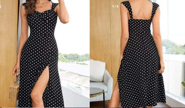 Shein Ruched Bust Split Thigh Polka Dot Dress,Polka Dot Dress, M +