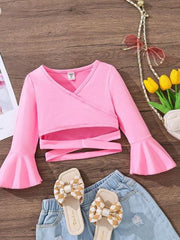 Shein Young Girl Elegant Cross V-Neck Flare Sleeve T-Shirt +