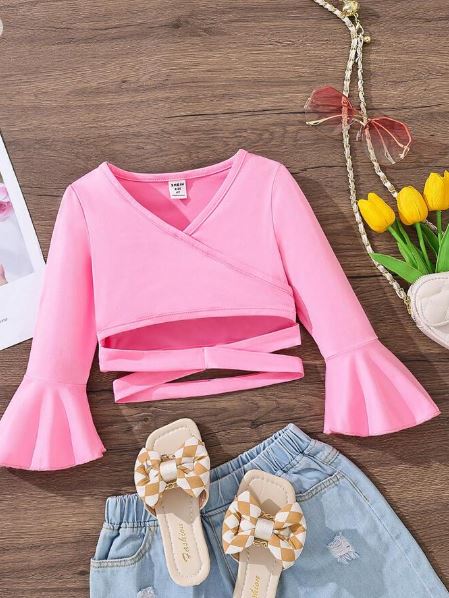 Shein Young Girl Elegant Cross V-Neck Flare Sleeve T-Shirt +