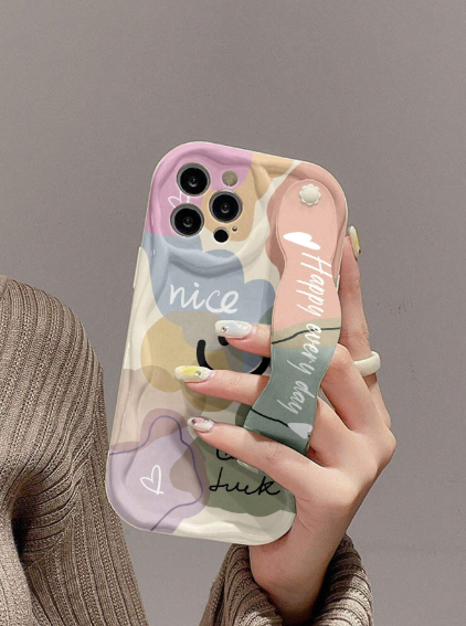 Luxury Smiling Face Element Fashionable Wristband Phone Case With Strap>