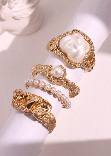 Shein 4pcs/Set Fashionable Vintage Metal Geometric Pearl Rings Set +