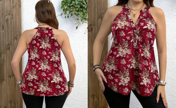 Shein Plus Size Elegant Floral All-Over Print Halter Neck Blouse, 1XL +