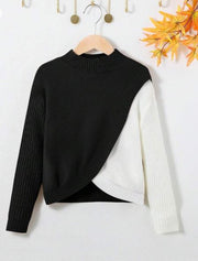 Shein Kids Tween Girls' Casual Color Block Stand Collar Pullover Sweater, 10T +
