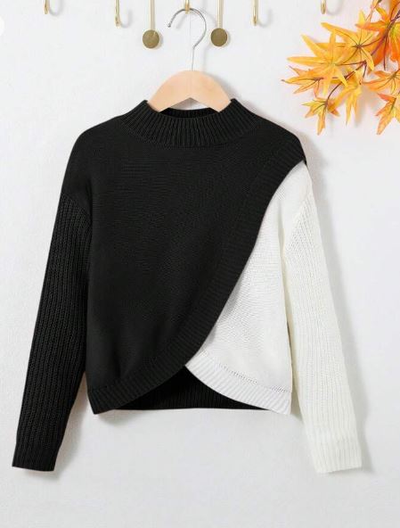 Shein Kids Tween Girls' Casual Color Block Stand Collar Pullover Sweater, 10T +