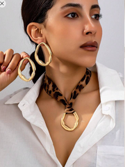 Shein 3pcs Set: Sexy Leopard Fabric Strap, Metal Geometric Pendant, And Stud Earrings