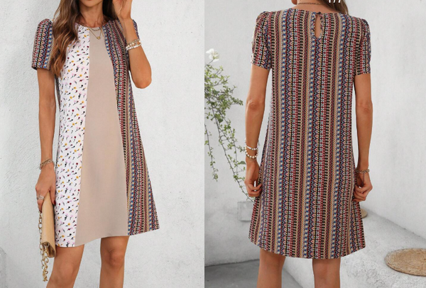 Shein Color-Block Floral A-Line Short Sleeve Round Neck Mini Dress, XL +